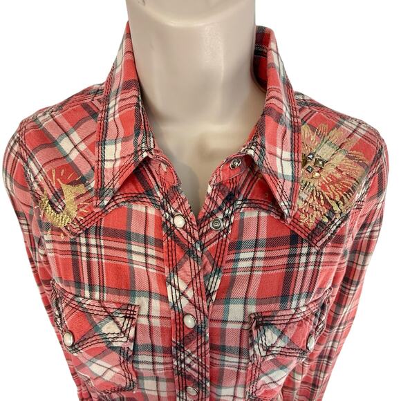 Y2k True Religion Fresh Peach Plaid Button Down Shirt Western Styling Gold Logo - Picture 3 of 16